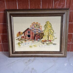 Vintage Completed 20x16 Crewel Old Mill Barn Framed Large MCM 70s Green Orange
